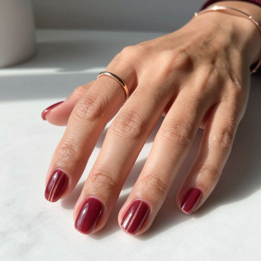 Burgundy Jelly Nails with Rose Gold Striping Tape