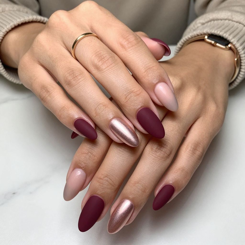 Burgundy Ombre Matte Fade with Rose Gold Shiny Accent