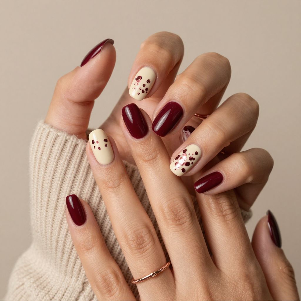 Deep Burgundy Cream Finish with Rose Gold Confetti Accent