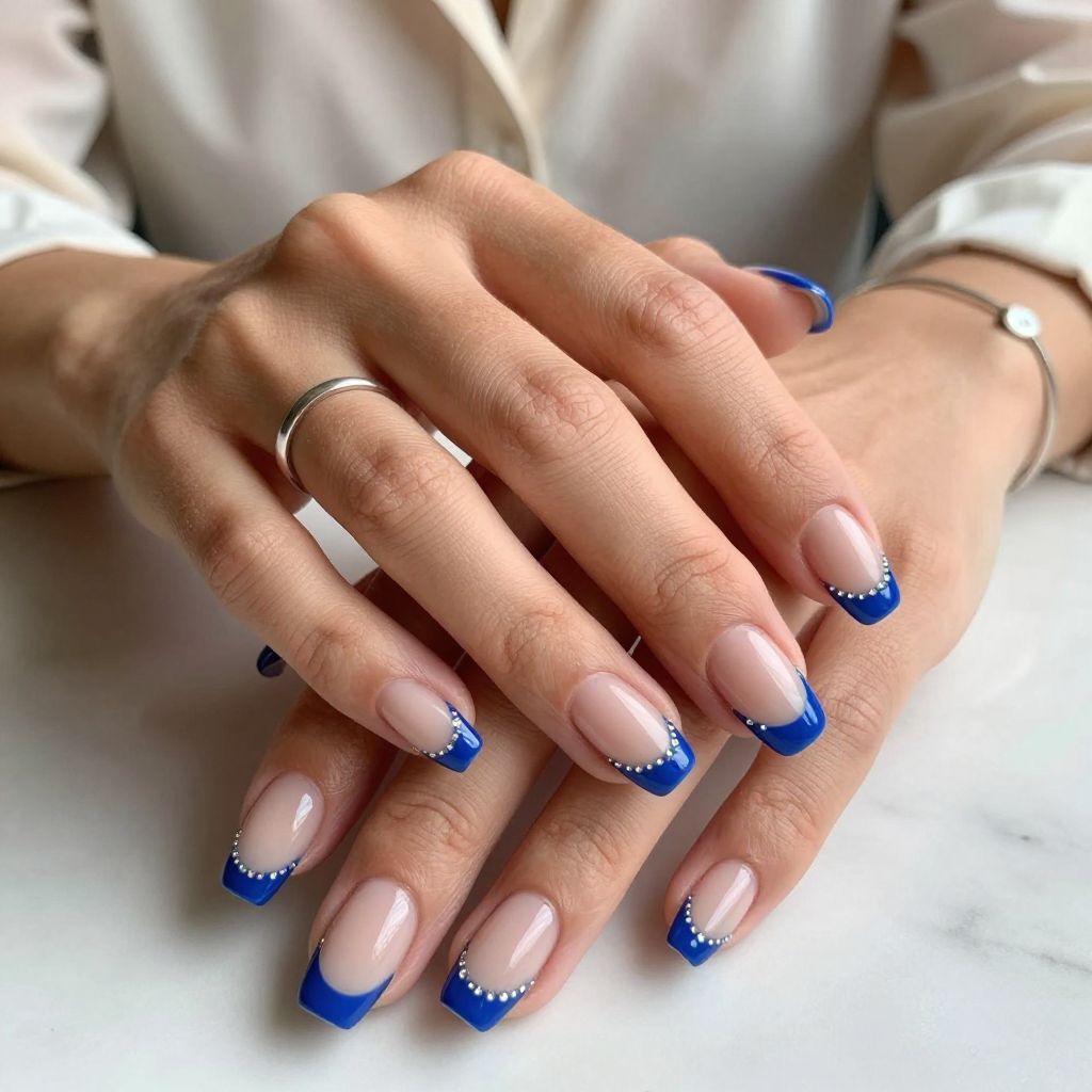 Royal Blue Tips With Tiny Crystal Studs