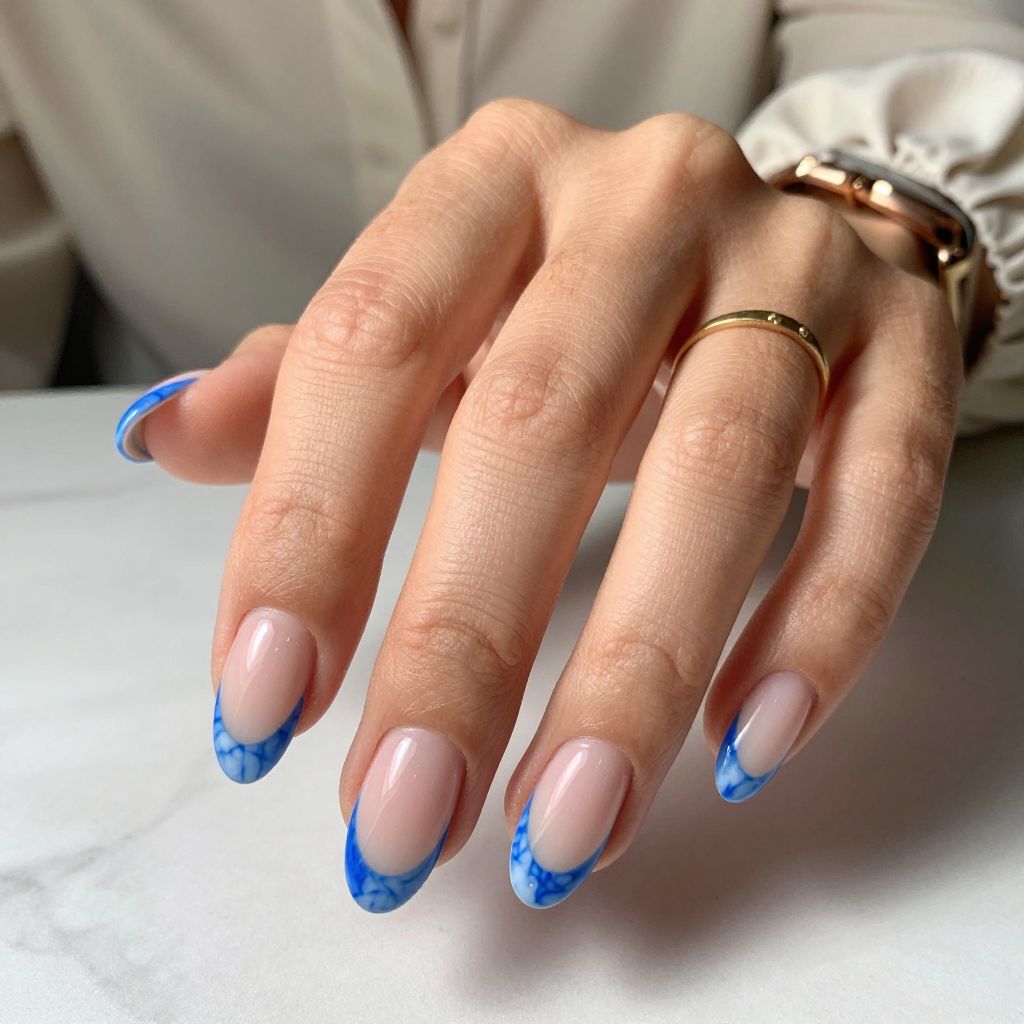 French Tips With Royal Blue Marble Effect