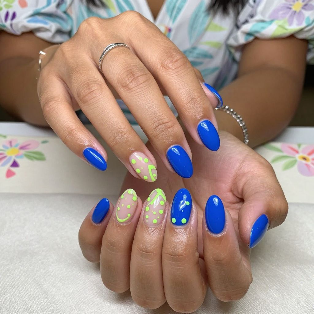 Glossy Royal Blue Tips With Matte Neon Accents