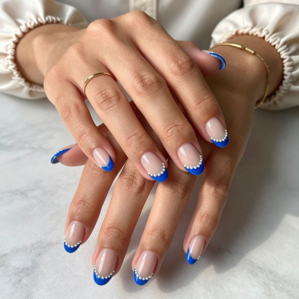 Royal Blue Tips With Pearl Embellishments