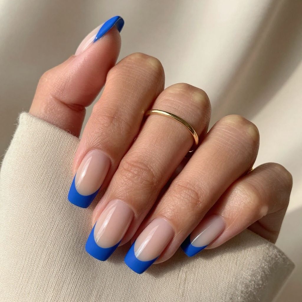 Matte Royal Blue Tips With Glossy Nude Base