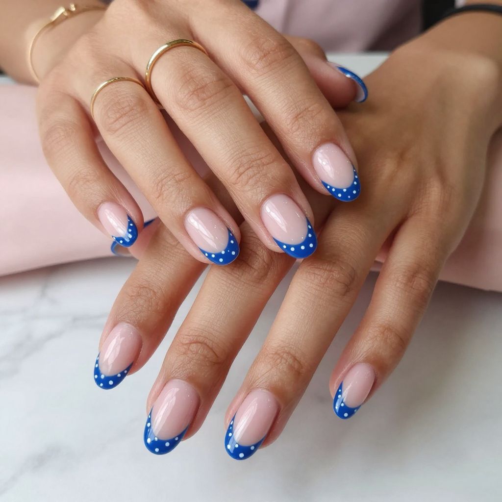 Royal Blue French Tips With Tiny White Polka Dots