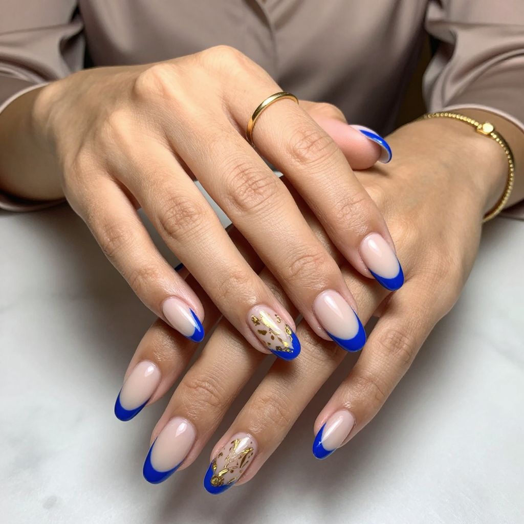 Royal Blue French Tips With Gold Leaf Accent