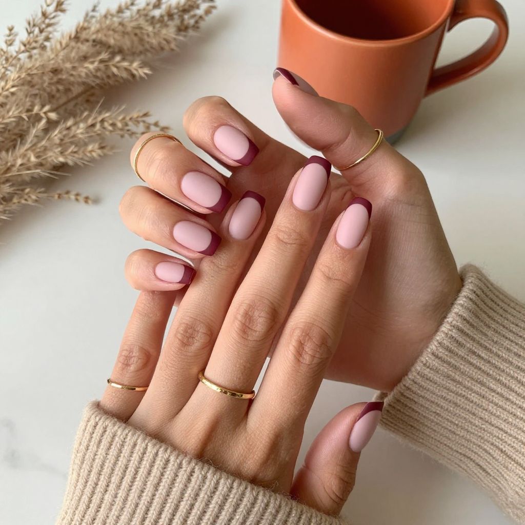 Deep Burgundy Tips with Matte Soft Pink Base