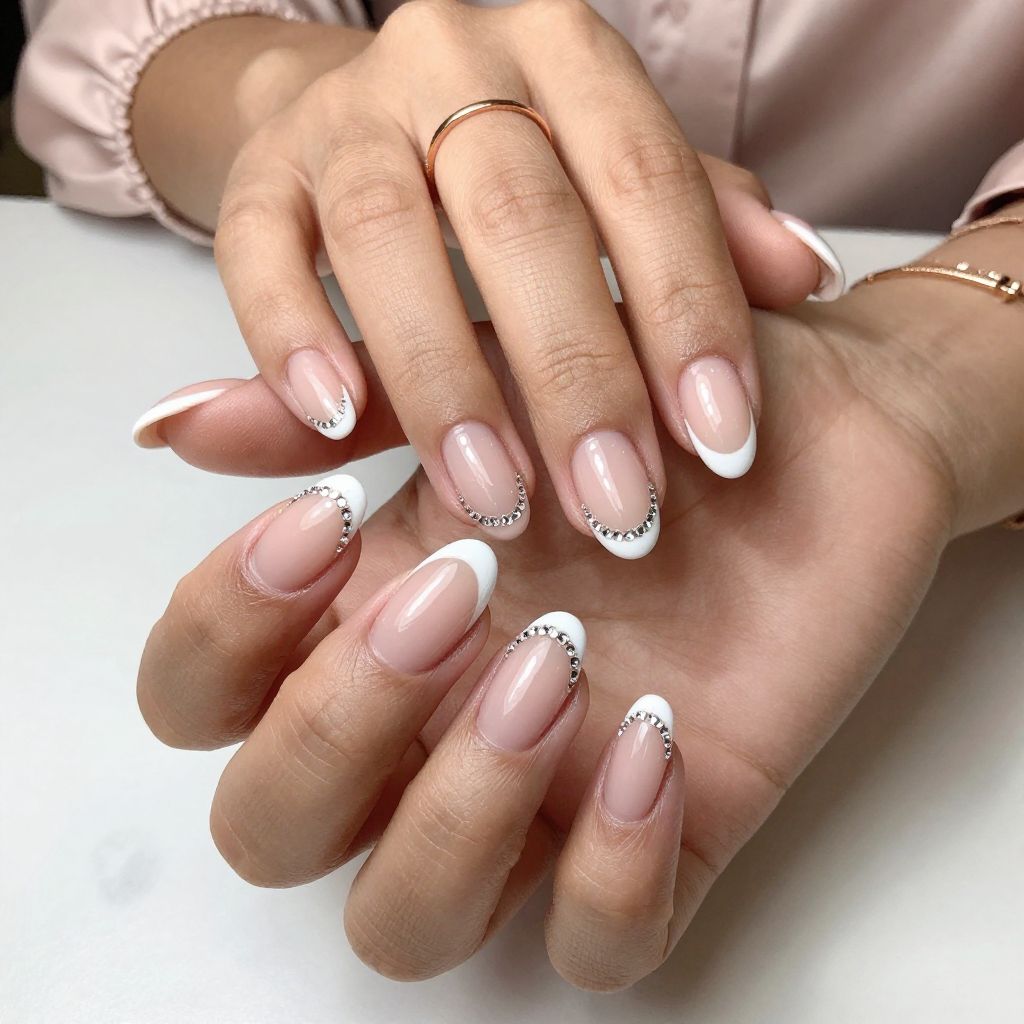 French Tips with Micro Rhinestones Border