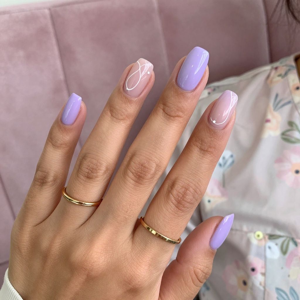 Soft Lavender Tips with Minimalist Line Art