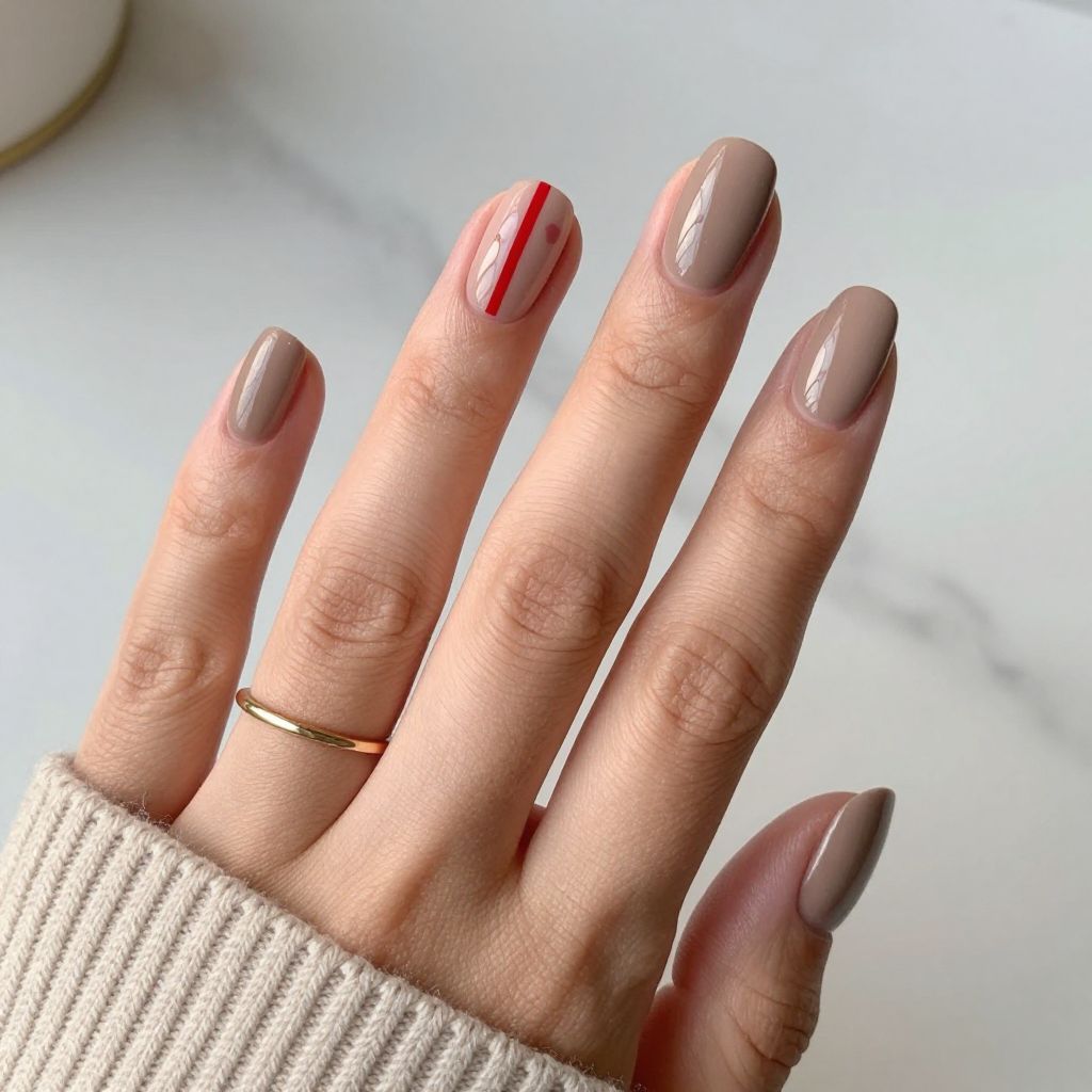 Glossy Taupe with Red Stripe Accent