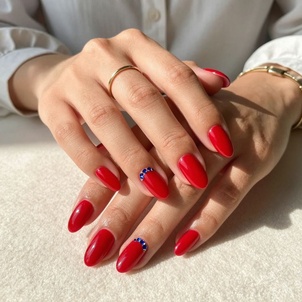 Simple Red Nails with Blue Gems