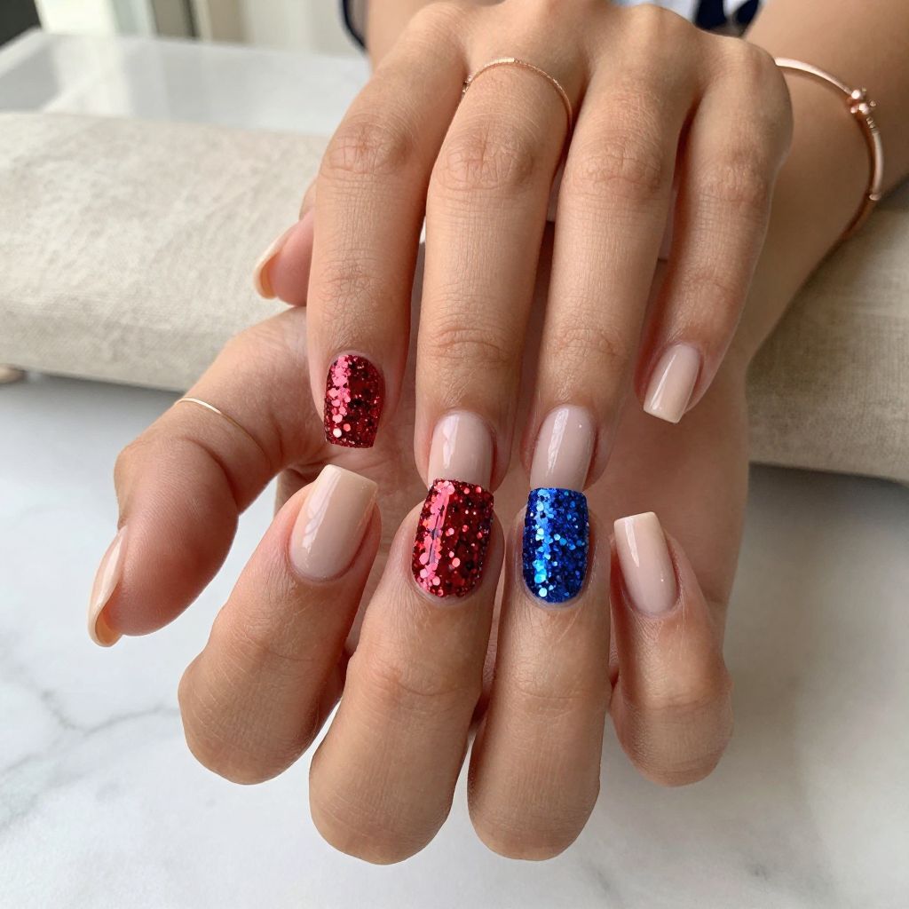 Red and Blue Glitter Accent One Nail Each