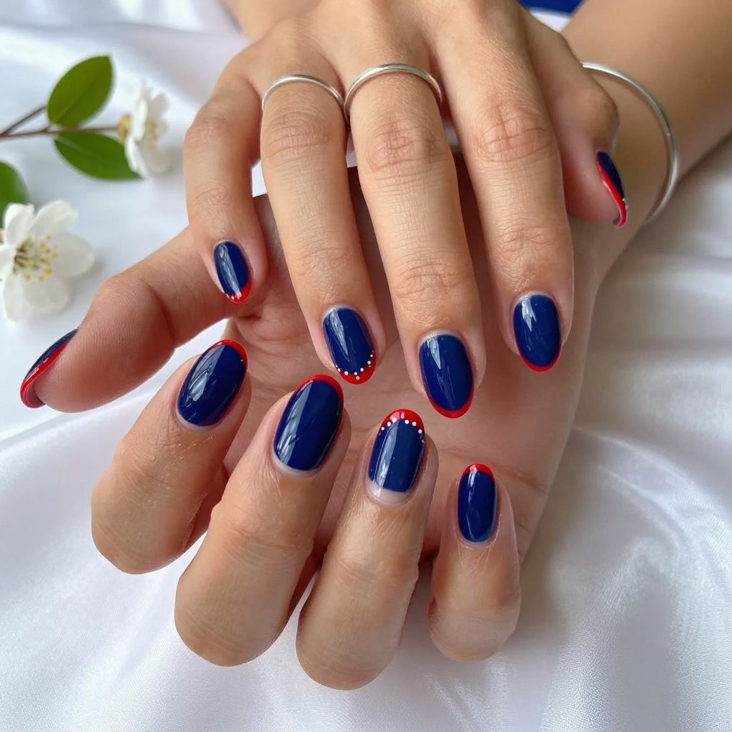 Red French Tips with Blue Base and White Dots