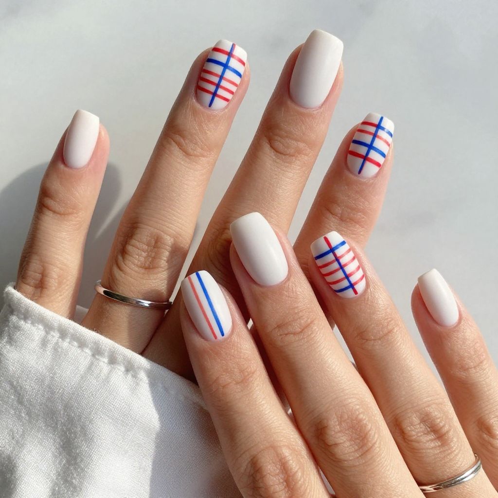 White Matte Nails with Red and Blue Stripes
