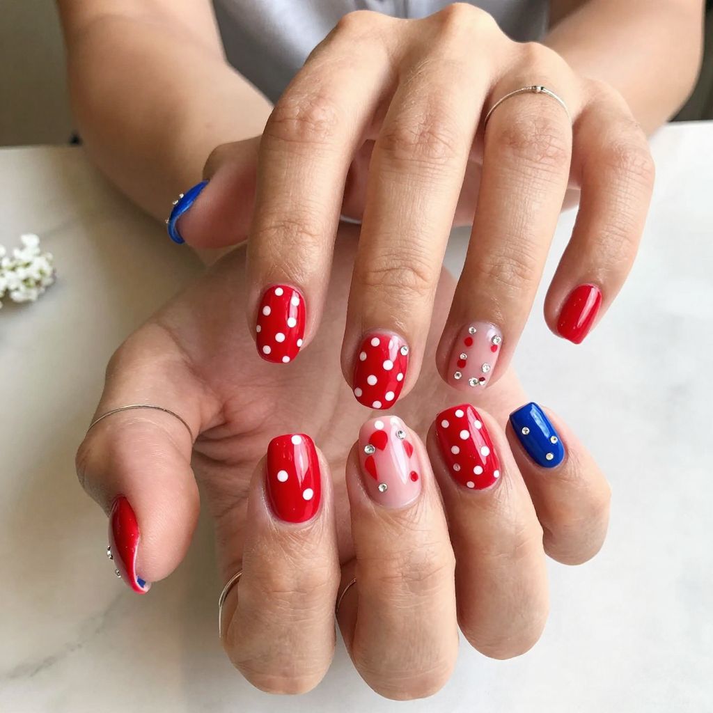 Red Base with White Polka Dots and Blue Accent