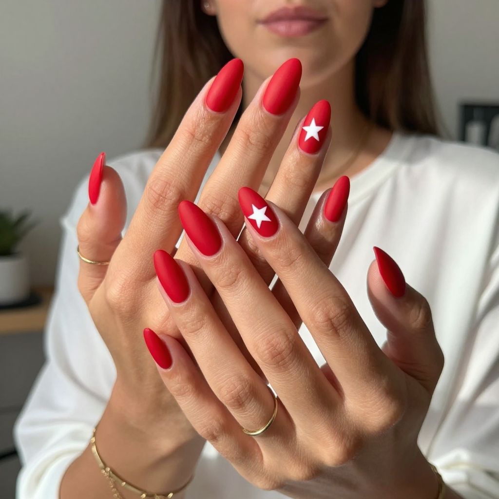 Bold Red Nails with White Star Accents