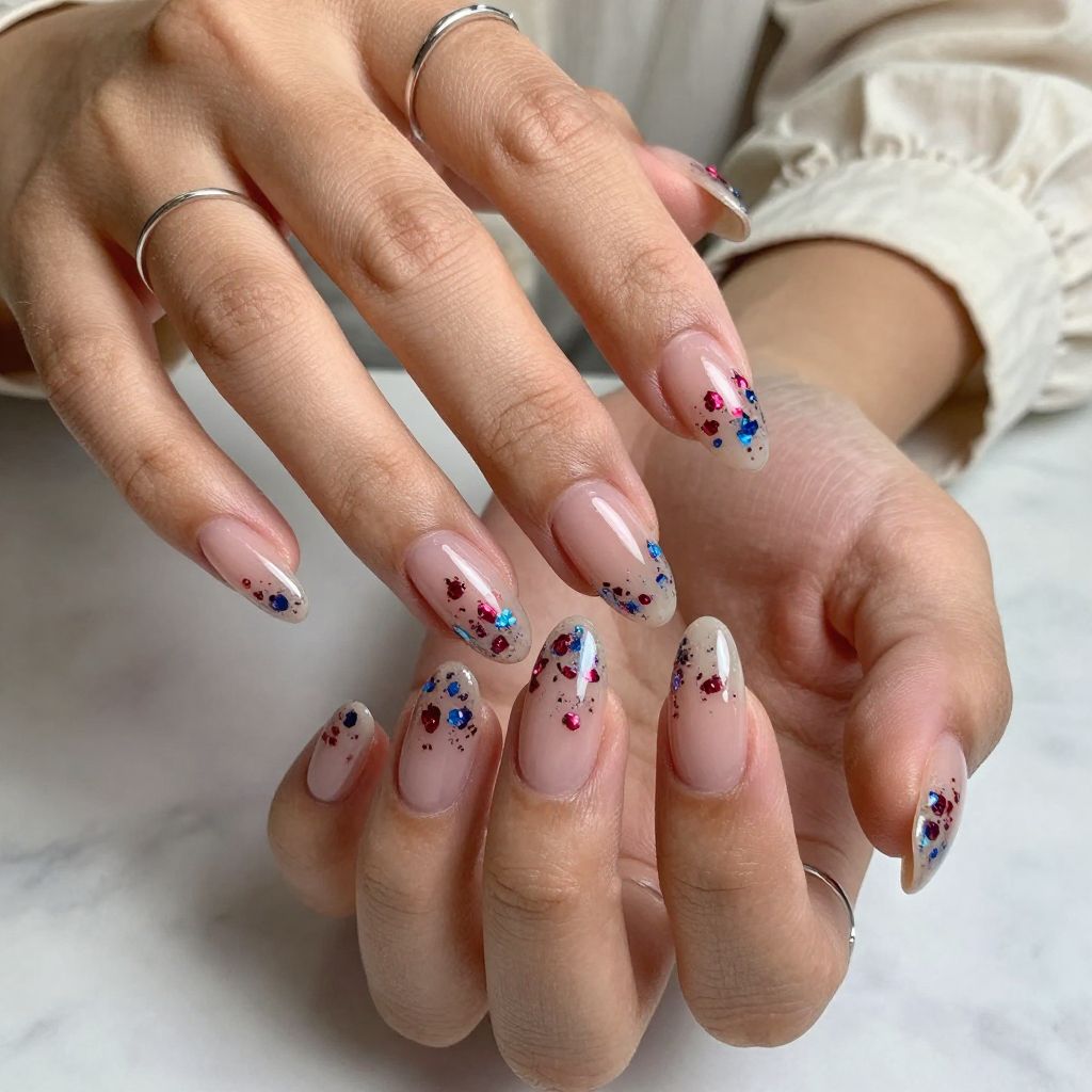 Transparent Nails with Blue and Red Foil