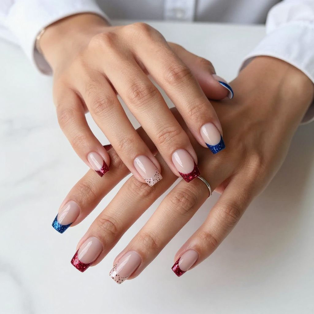 French Tips with Blue and Red Glitter
