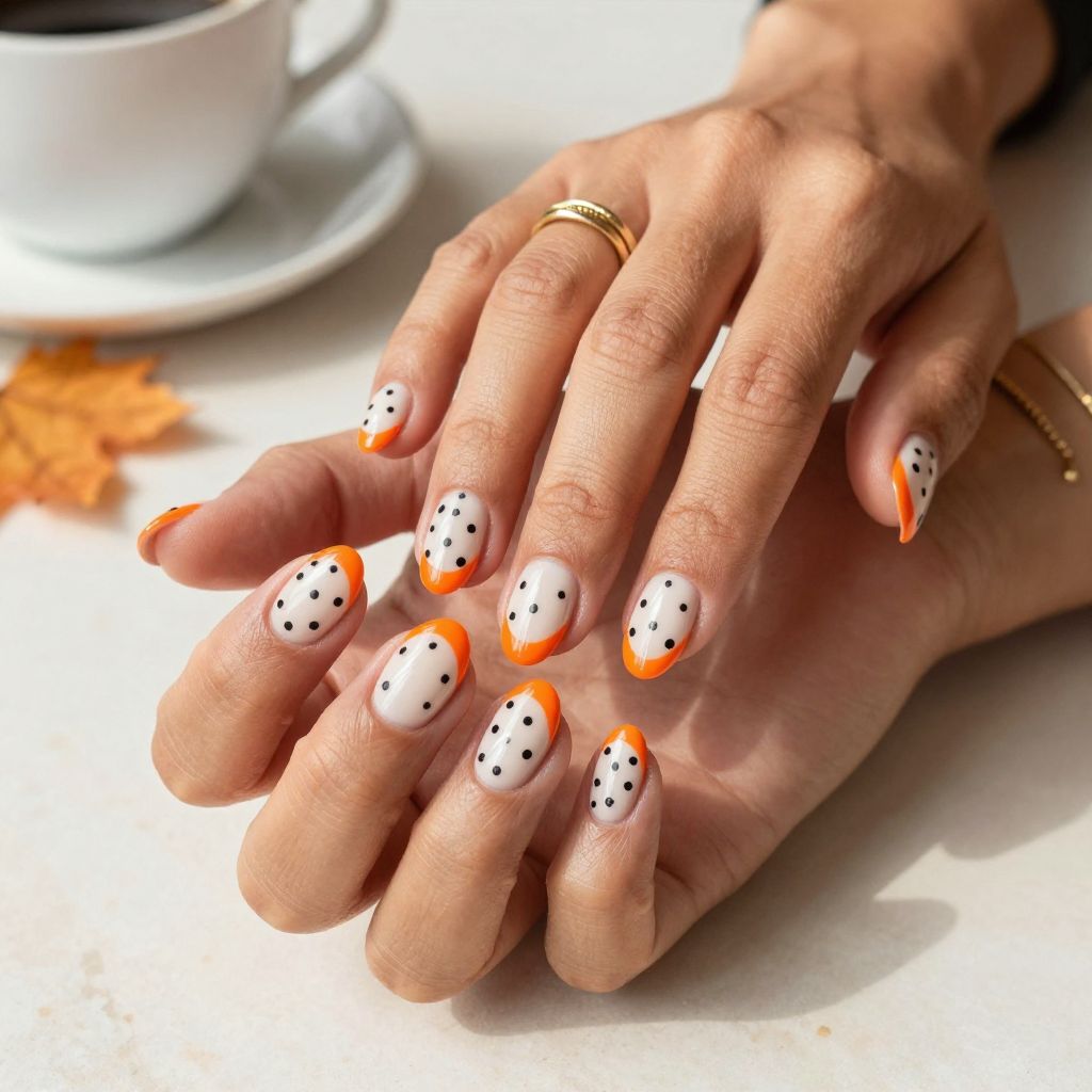 Orange French Tips With Black Polka Dots