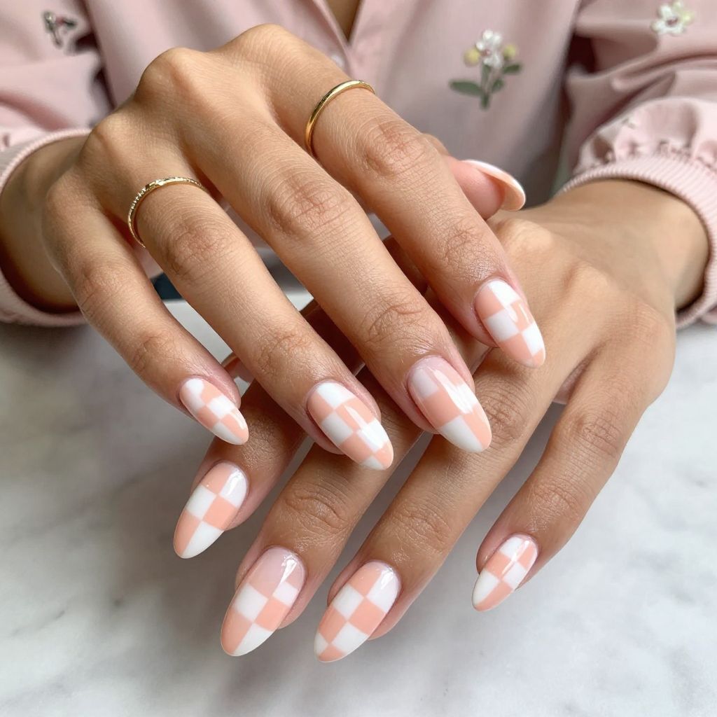 Peach and White Checkerboard Play