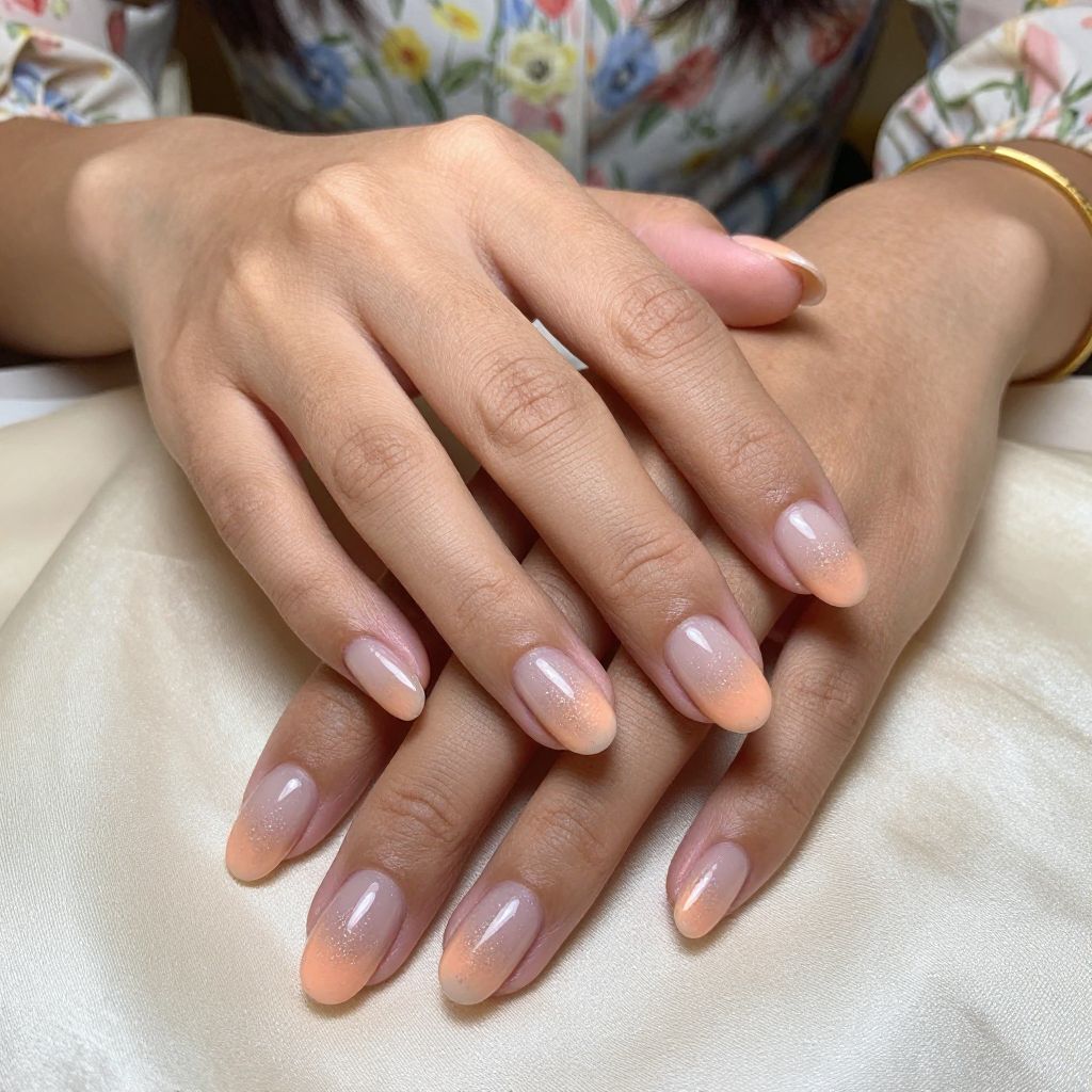Soft Peach Tips with Micro Glitter Fade