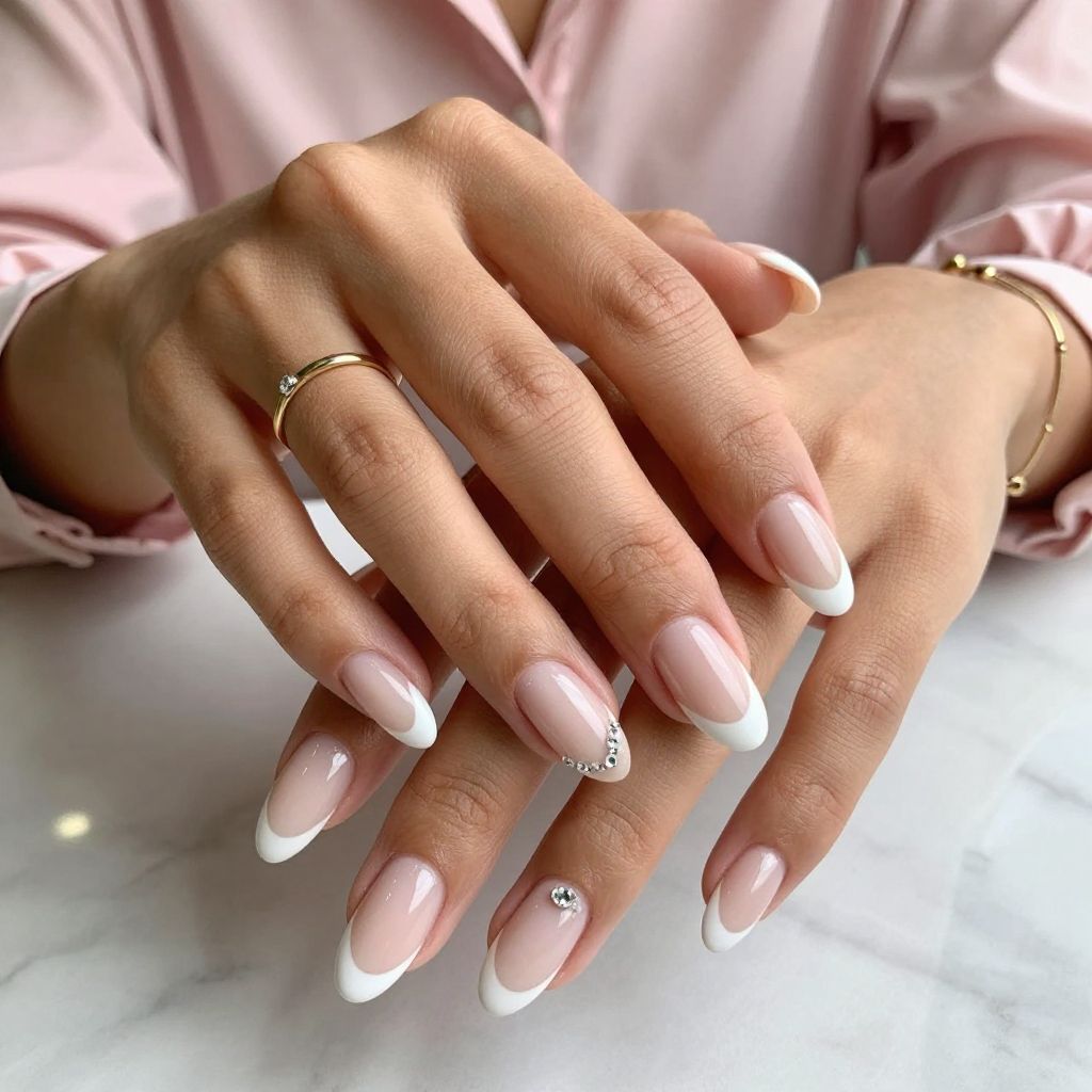 Soft White Tips with Tiny Crystal Cluster