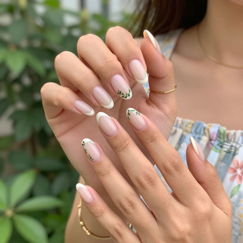 Soft Nude Tips with Hand-Painted Dainty Leaves