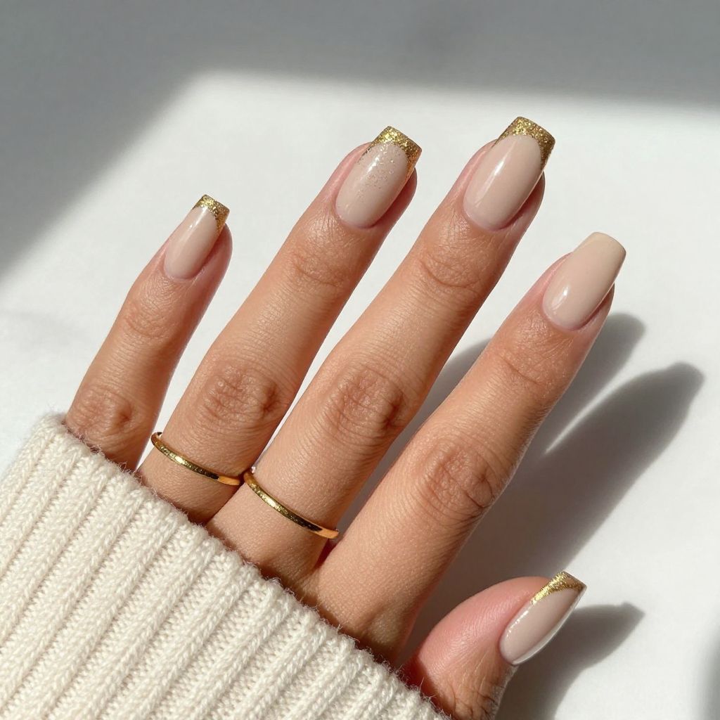 Gold Glitter French Tips on Soft Beige