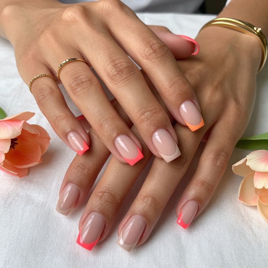 Neon Coral Tips with Clear Gloss