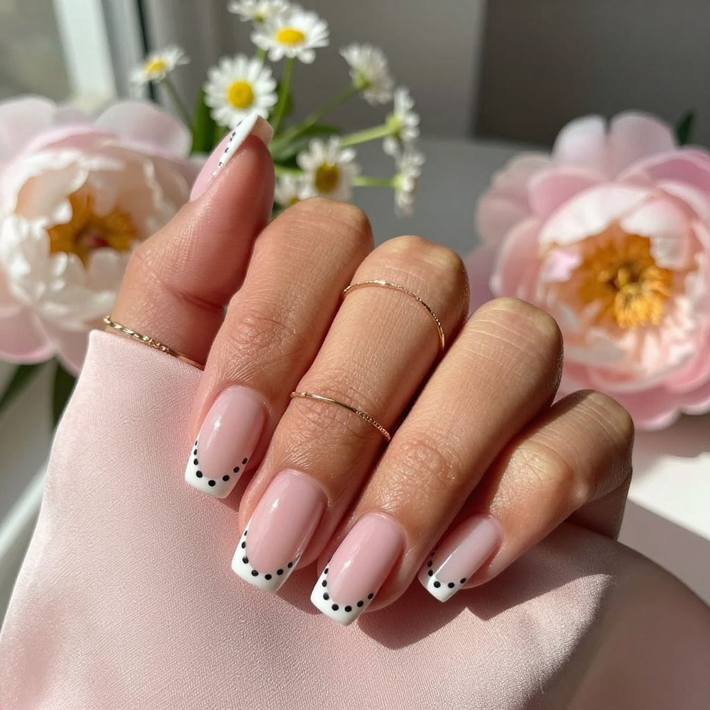 French Tips with Thin Polka Dot Border