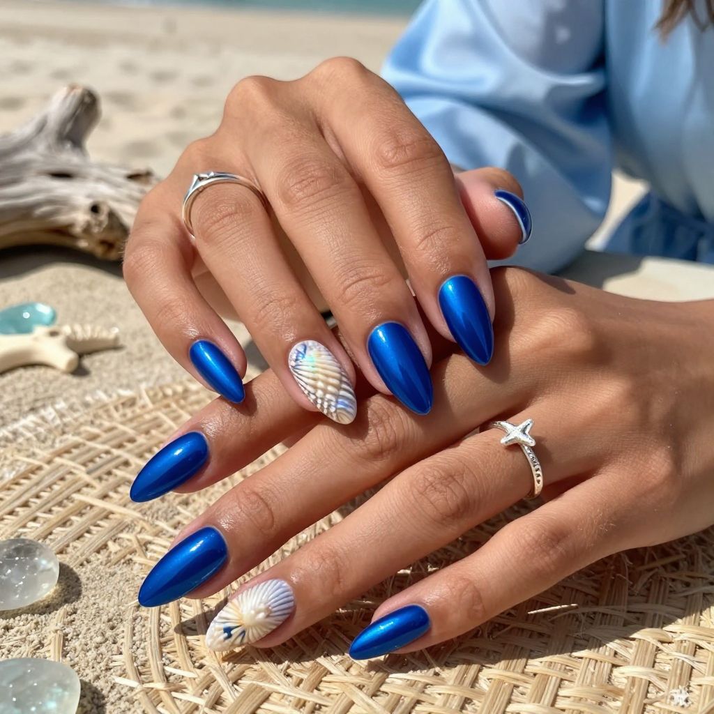 Blue Chrome with Sea Shell Accent Nail