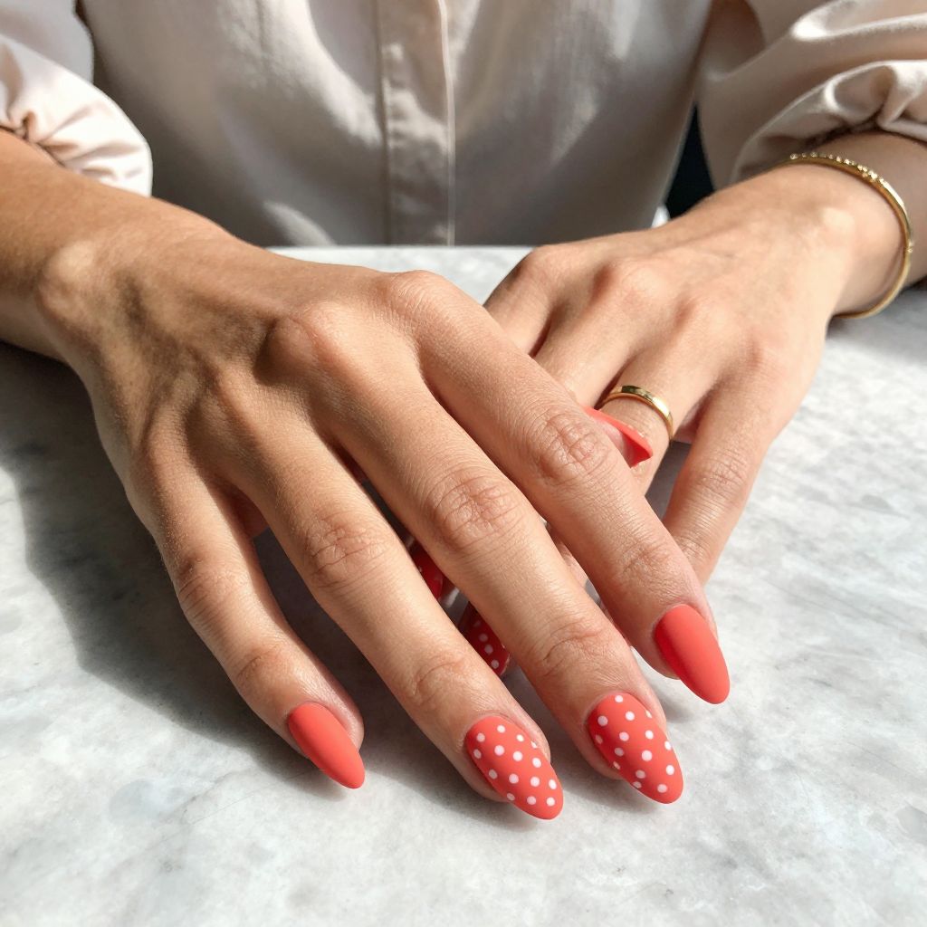 Coral Glow with Matte White Polka Dots