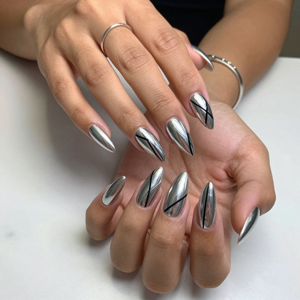 Chrome Silver with Black Geometric Lines