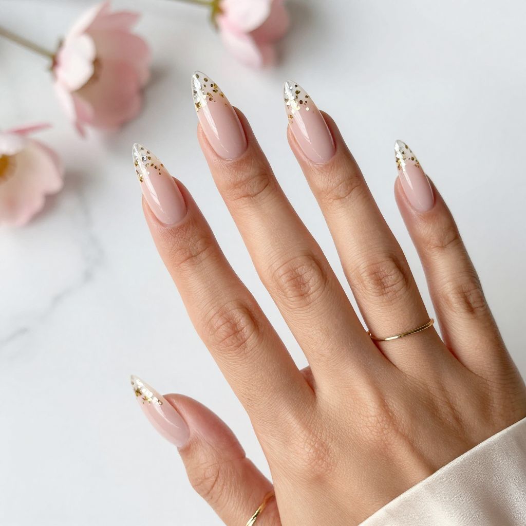 Nude with Clear Tips and Embedded Gold Flakes