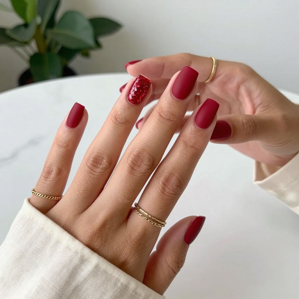 Matte Cherry Red with Glitter Accent