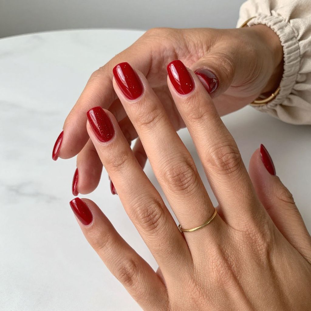 Classic Ruby Red with Subtle Glitter Top Coat