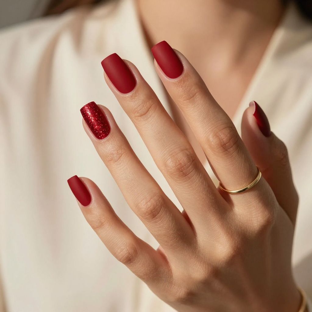 Matte Crimson with Subtle Glitter Tips