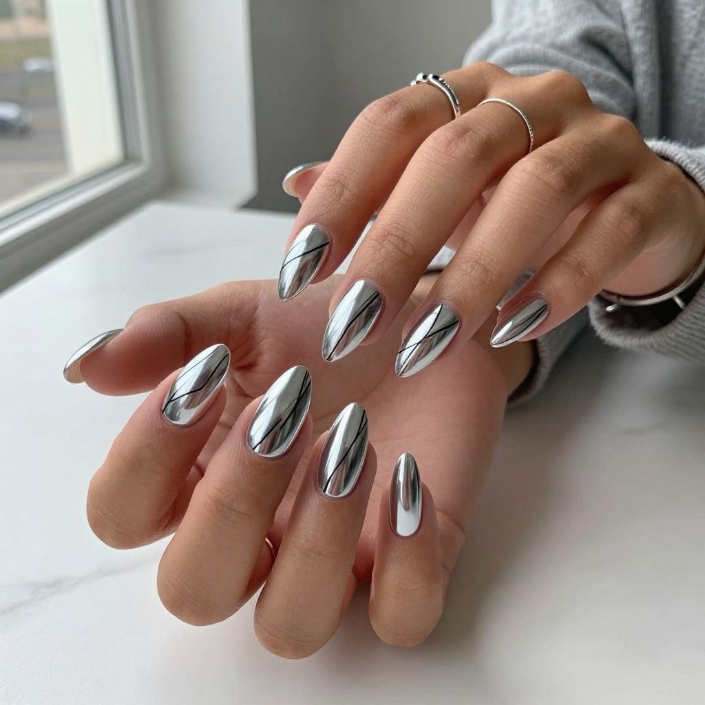 Icy Silver Chrome with Minimalist Black Lines Nails
