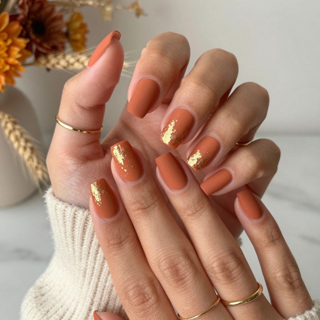 Warm Terracotta Matte with Golden Leaf Tips Nails