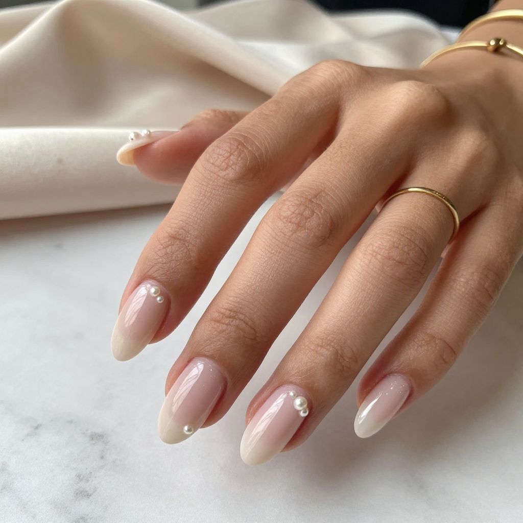 Elegant Nude Gloss with Pearl Embellishments Nails