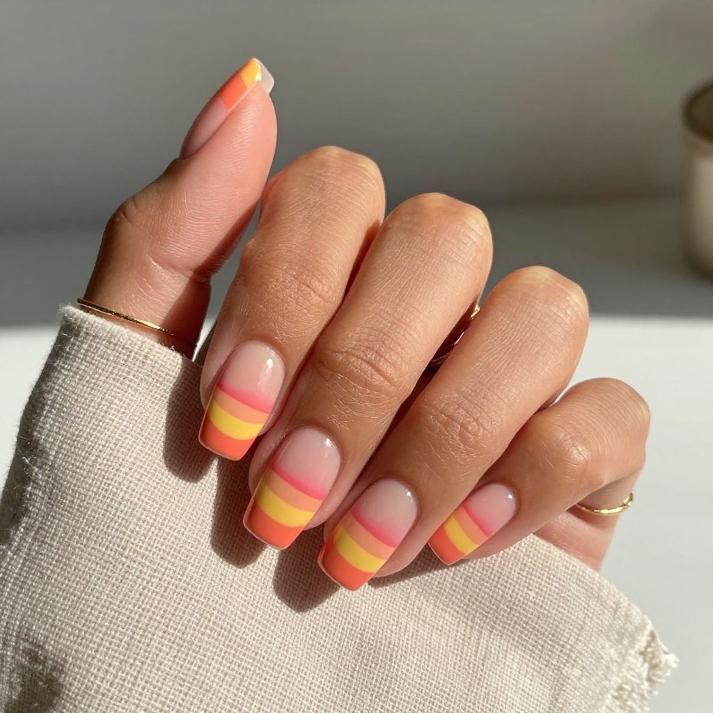 Sunset Stripe Nails with Coral, Yellow and Rose