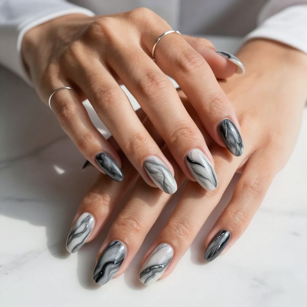 Monochrome Marble with Shimmer Veins Nails