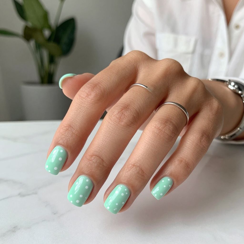 Playful Polka Dots on Pastel Mint Nails