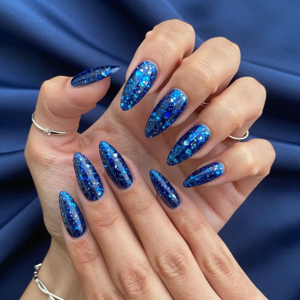 Glittering Ocean Blue Stiletto Nails