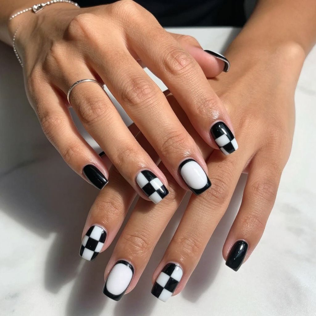 Graphic Black and White Squares Nails