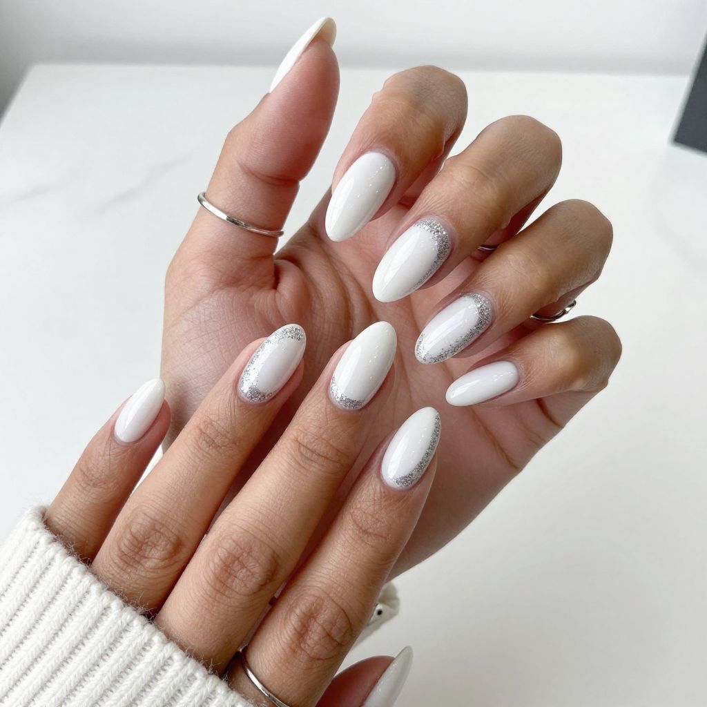 Fresh White With Shimmering Silver Glitter Half Moons