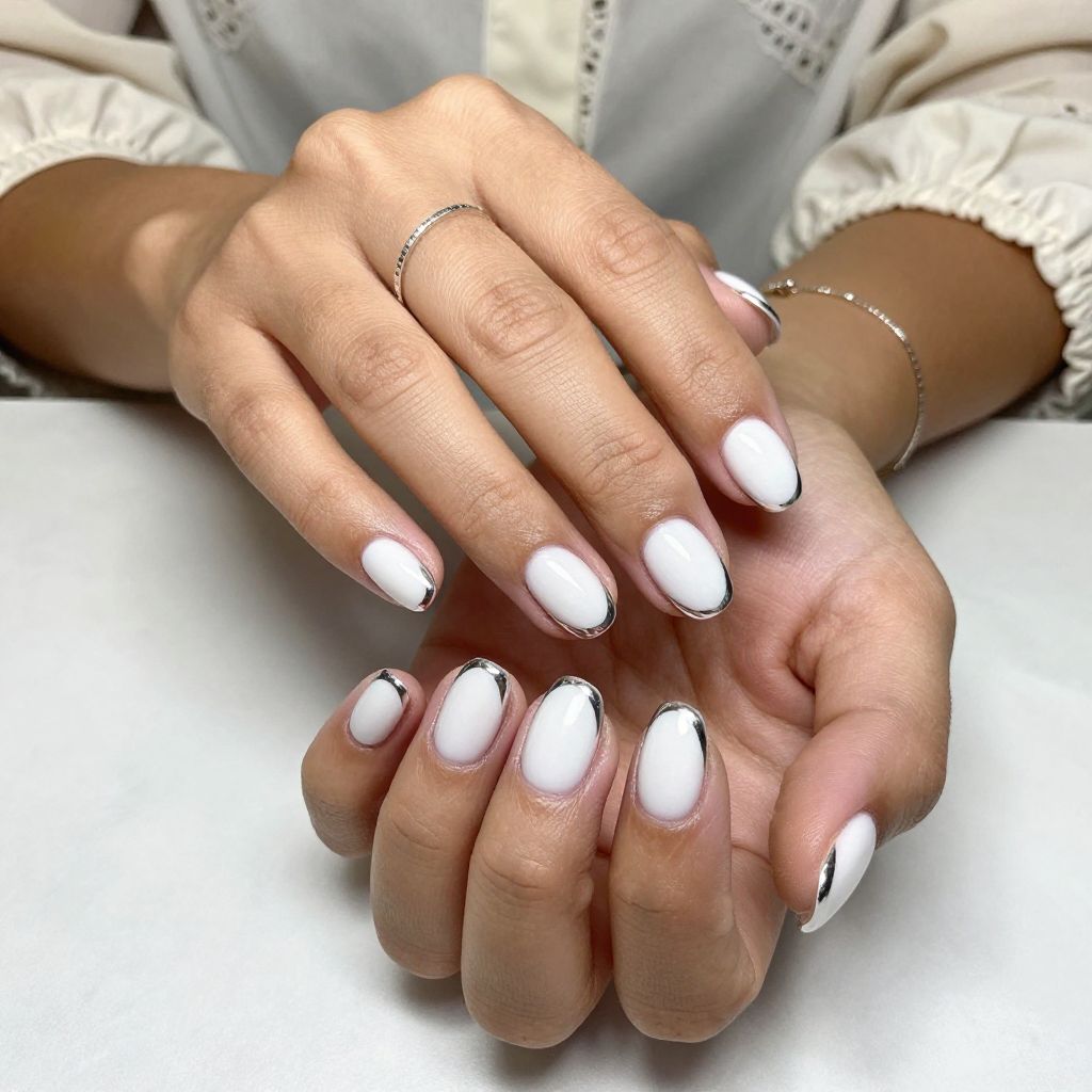 Pure White With Chrome French Oval Tips