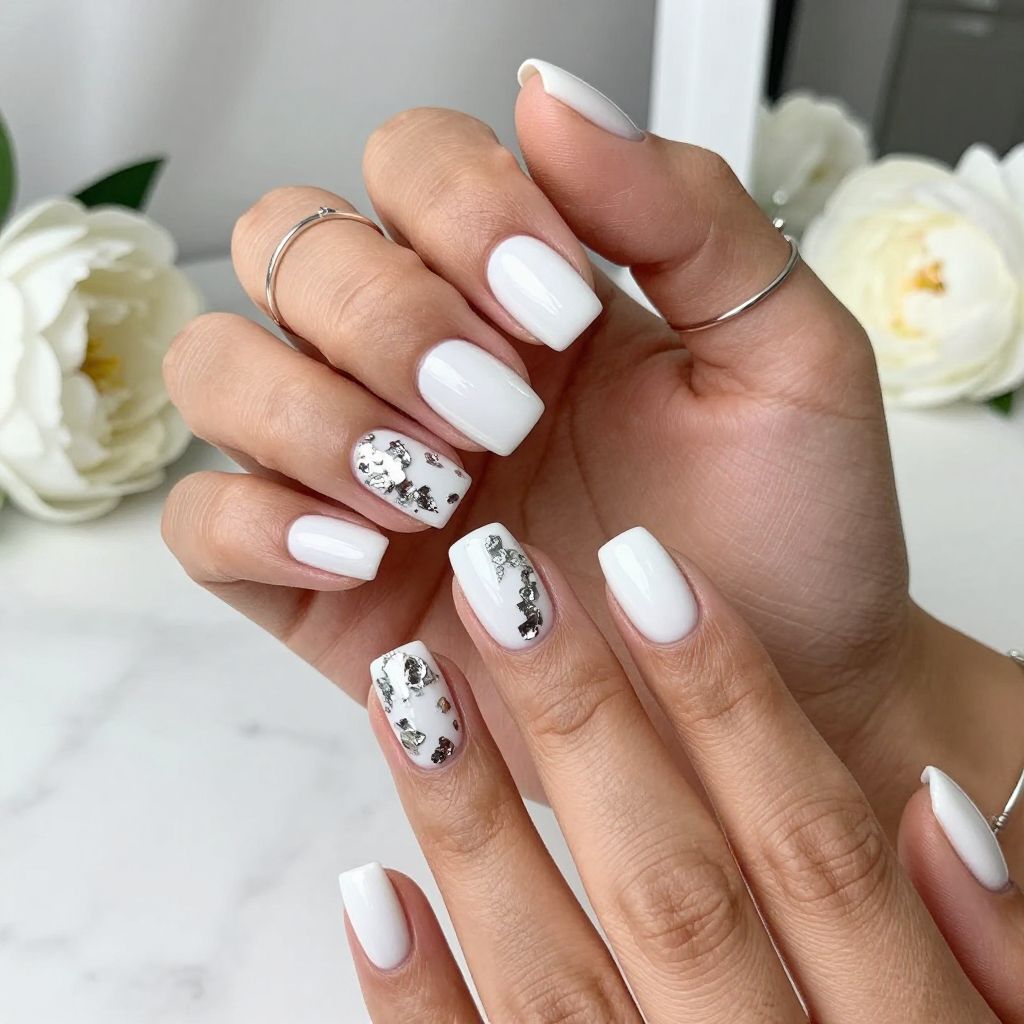 Glossy White With Chrome Foil Flakes