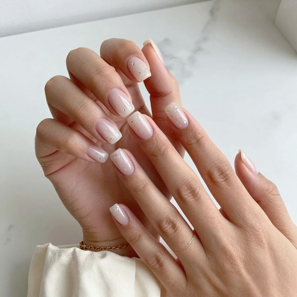 Soft White Jelly Nails With Embedded Diamonds