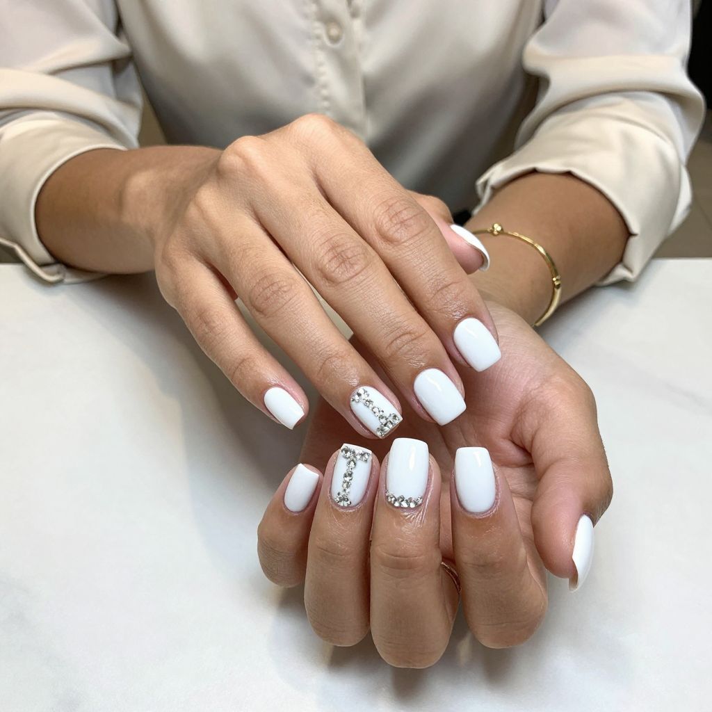 Glossy White with Diamond Cluster Accent Nails